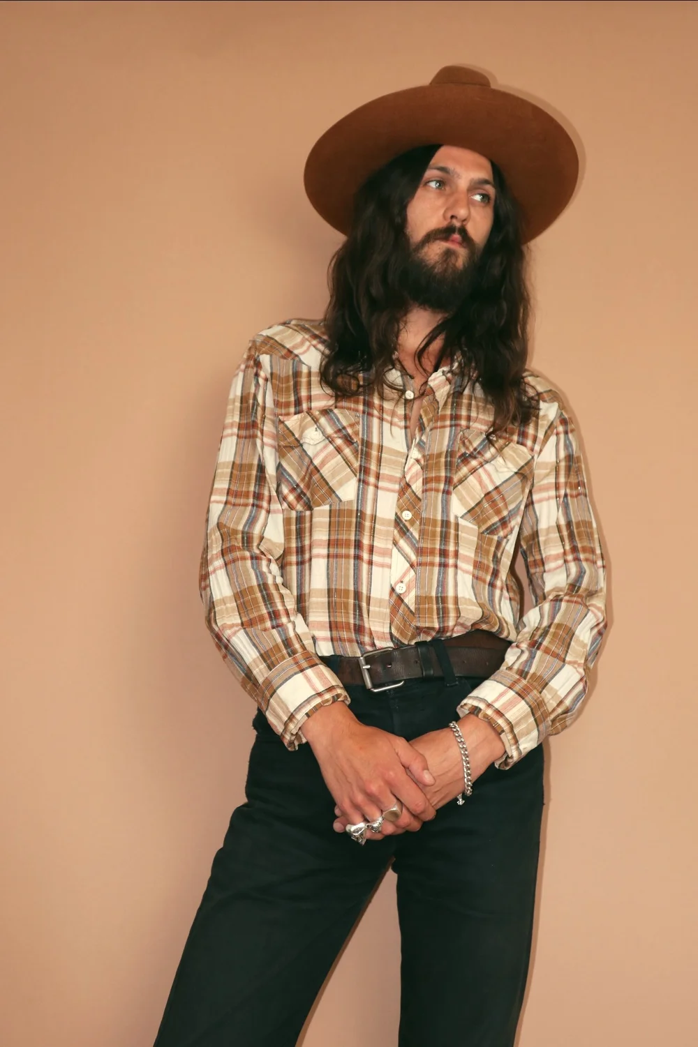 VINTAGE STAPLEFORD BROWN PLAID GOLD THREAD COTTON WESTERN